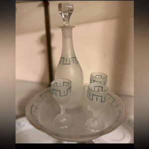Vintage Frosted Decanter Set Teal Greek Key Barware